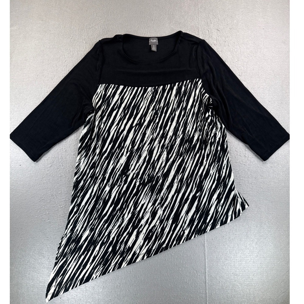 Chicos Travelers Tunic Top Womens Chicos 3=XL Black White Zebra Asymmetrical Hem